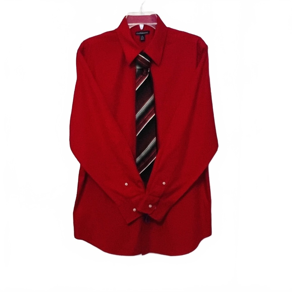 Men’s Long Sleeved Dress Shirt with Tie, Red, Size Medium